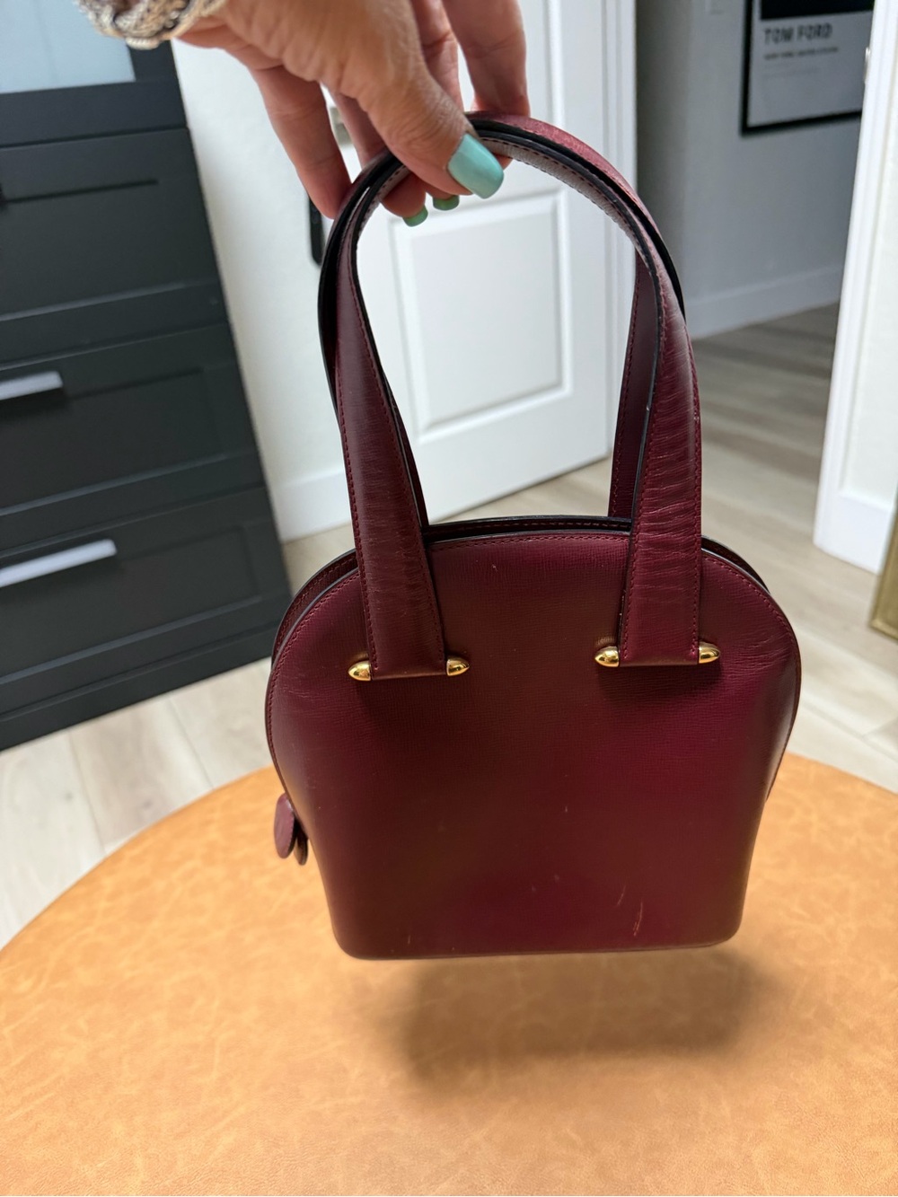 Vintage Cartier Mini Top-Handle Bag in Burgundy with Gold Hardware